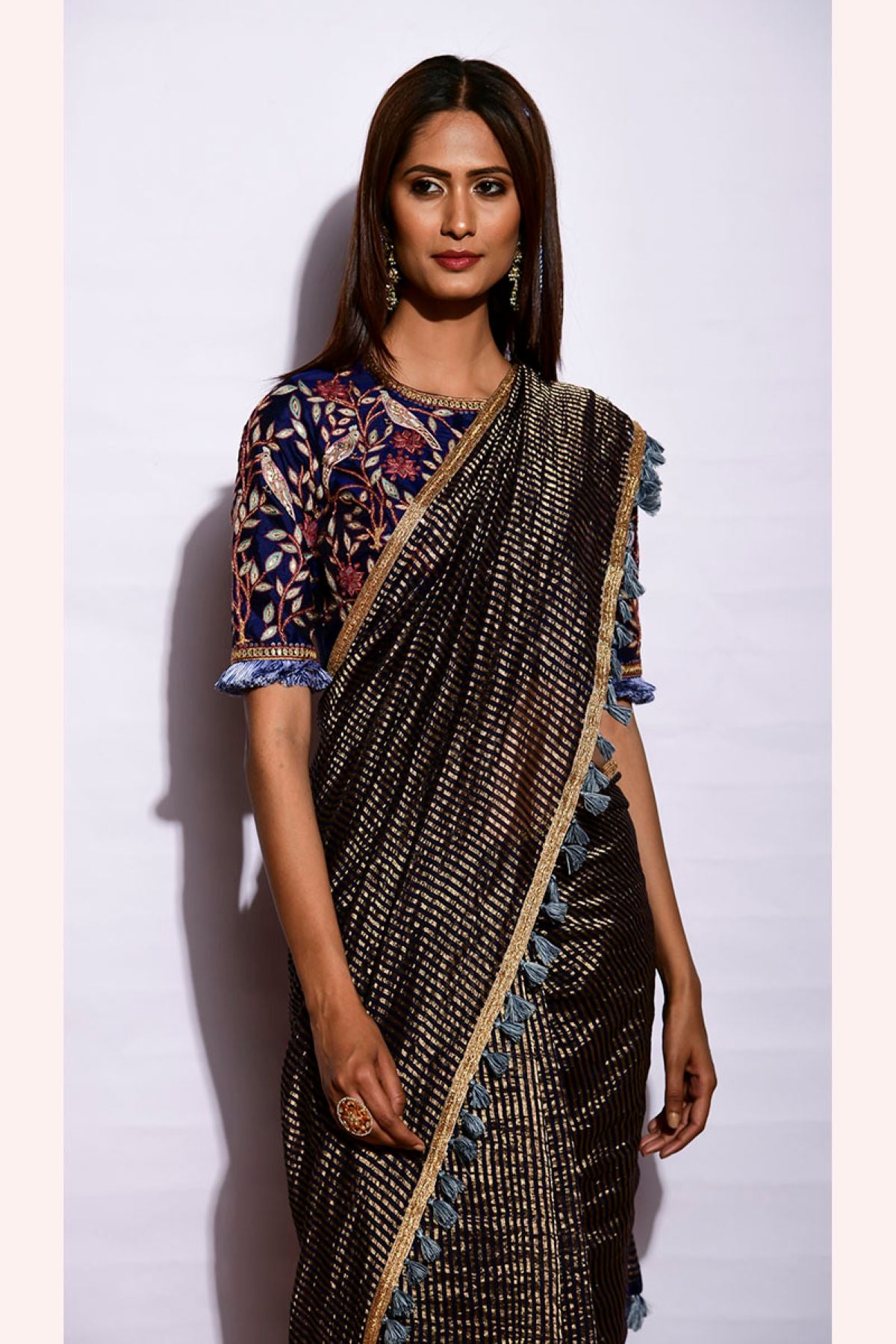 Sunheri Saree With Embroidered Blouse