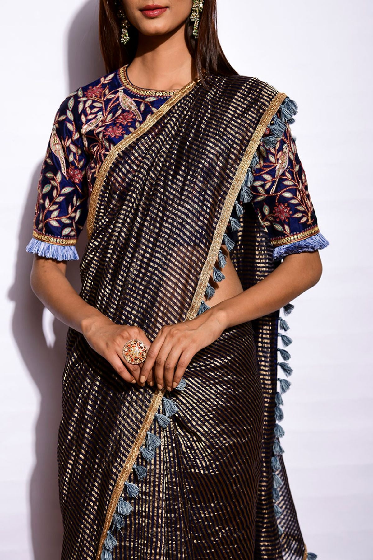 Sunheri Saree With Embroidered Blouse