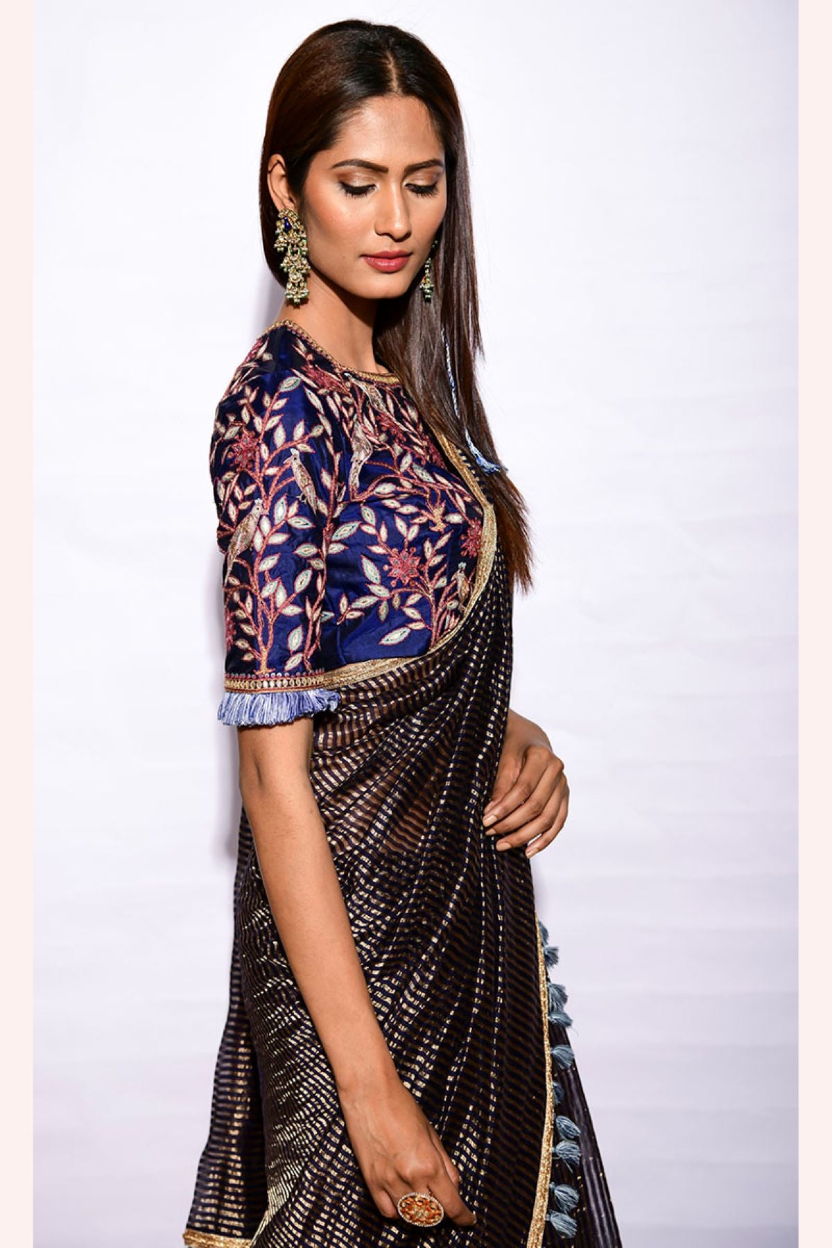 Sunheri Saree With Embroidered Blouse