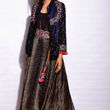 Navy Embroidered Jacket With Asymmetrical Sunheri Chanderi Dress