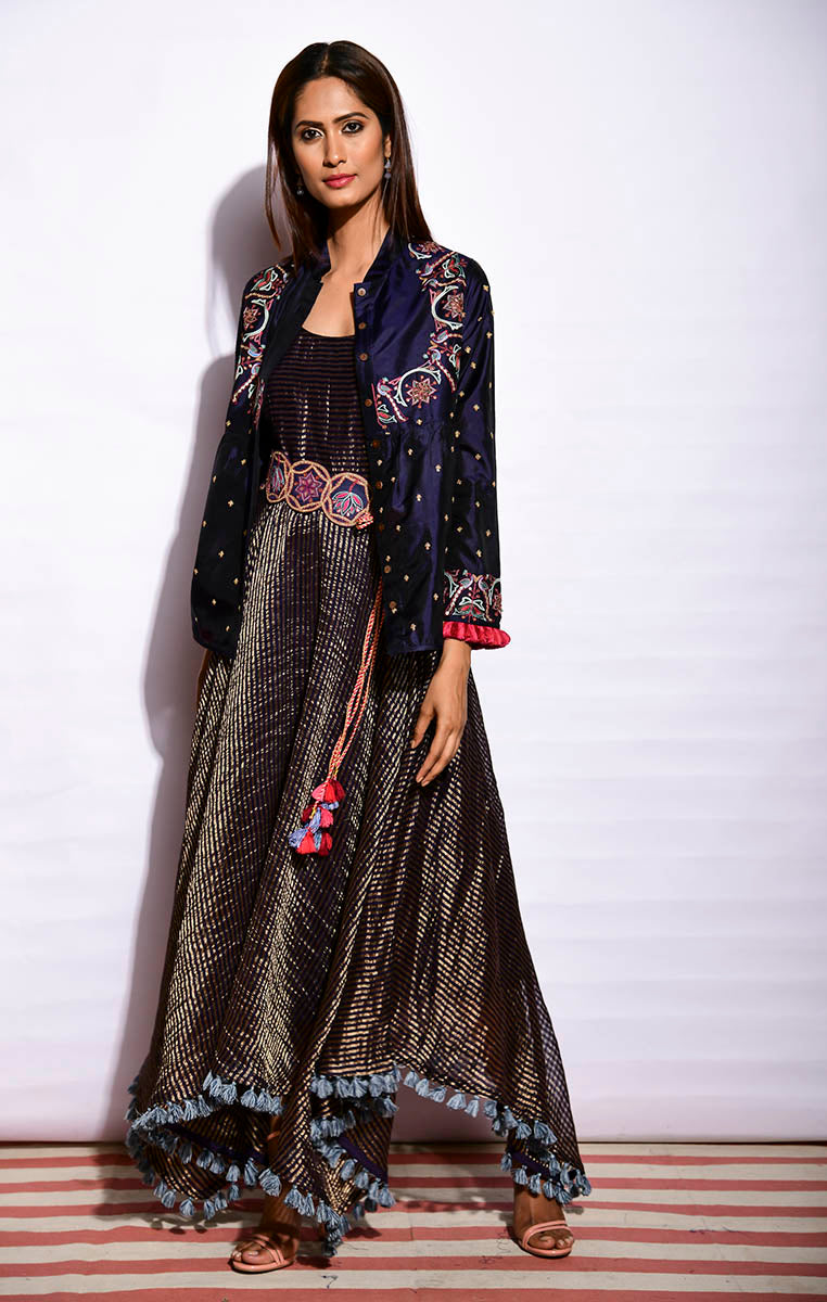 Navy Embroidered Jacket With Asymmetrical Sunheri Chanderi Dress
