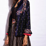 Navy Embroidered Jacket With Asymmetrical Sunheri Chanderi Dress