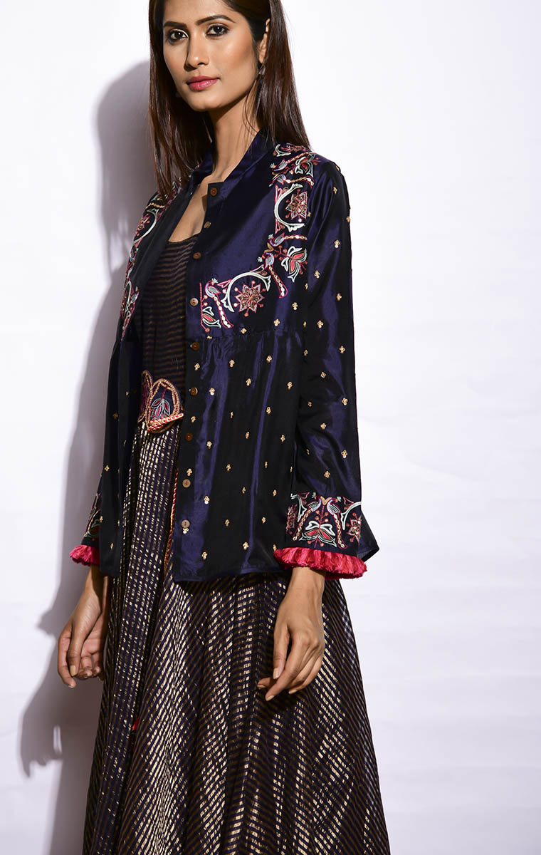Navy Embroidered Jacket With Asymmetrical Sunheri Chanderi Dress