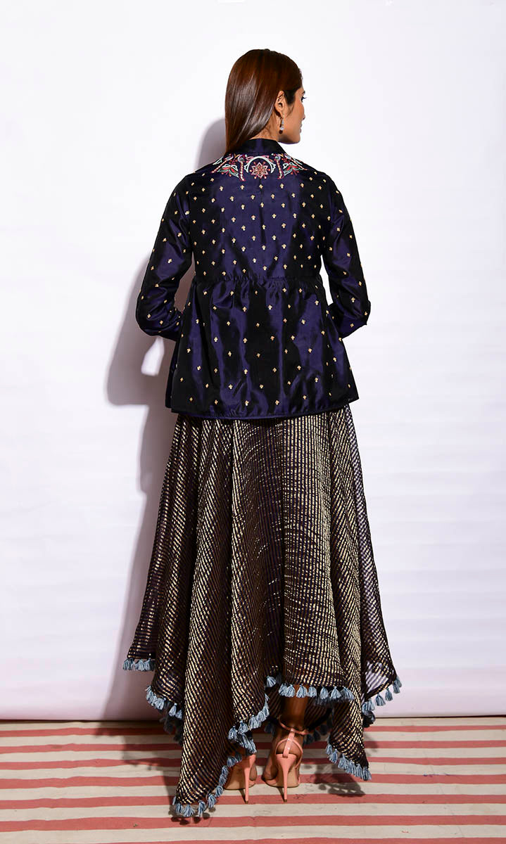 Navy Embroidered Jacket With Asymmetrical Sunheri Chanderi Dress