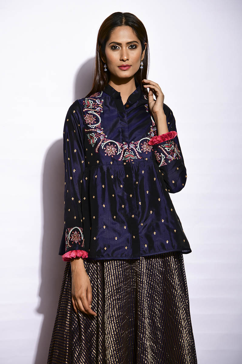 Navy Embroidered Jacket With Asymmetrical Sunheri Chanderi Dress