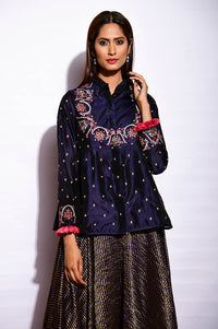 Navy Embroidered Jacket With Asymmetrical Sunheri Chanderi Dress