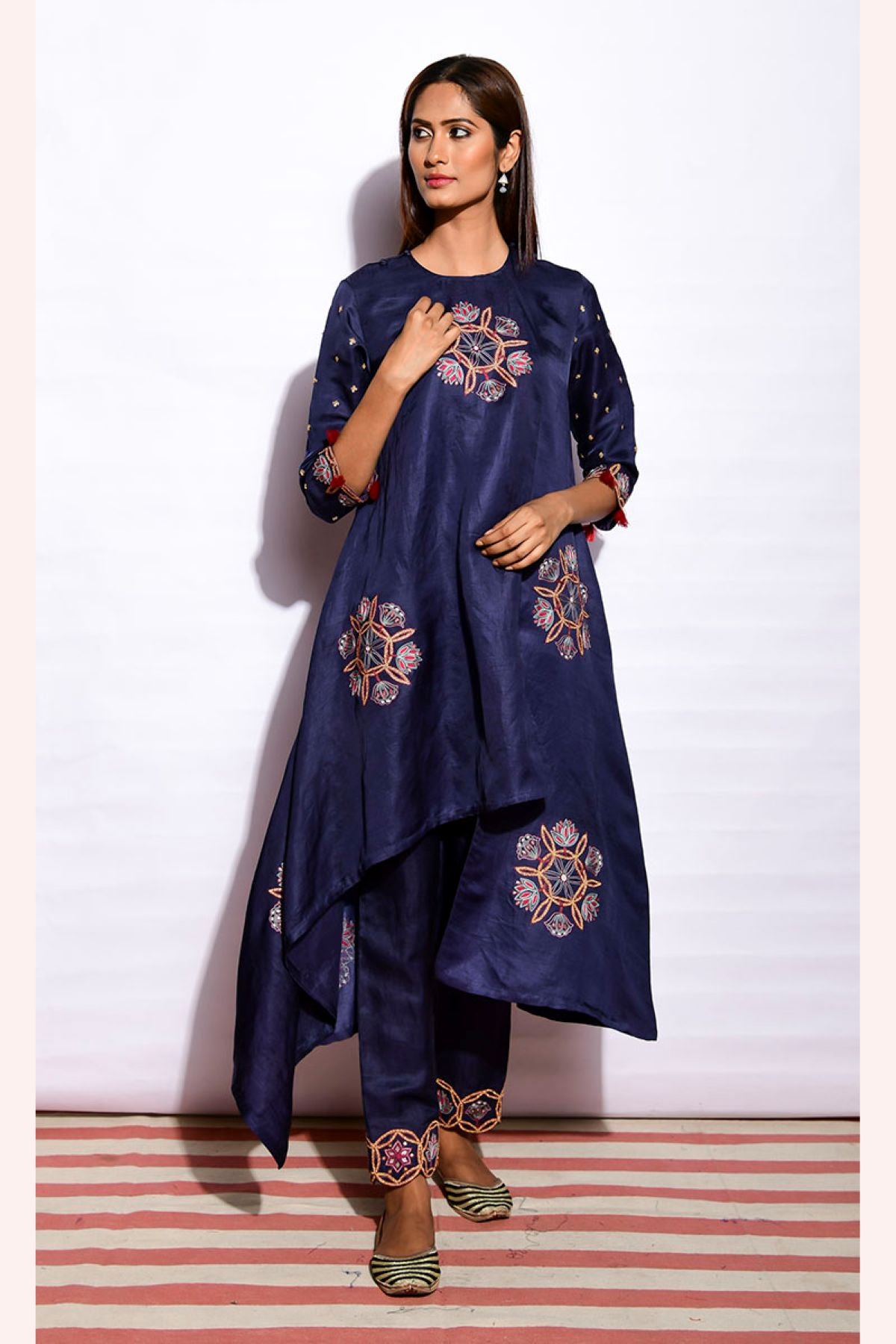 Morbagh Embroidered Asymmetrical Navy Tunic With Pants
