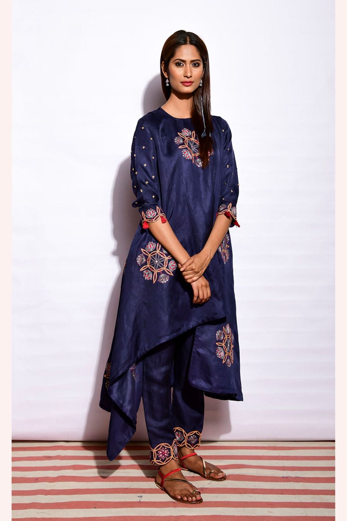 Morbagh Embroidered Asymmetrical Navy Tunic With Pants