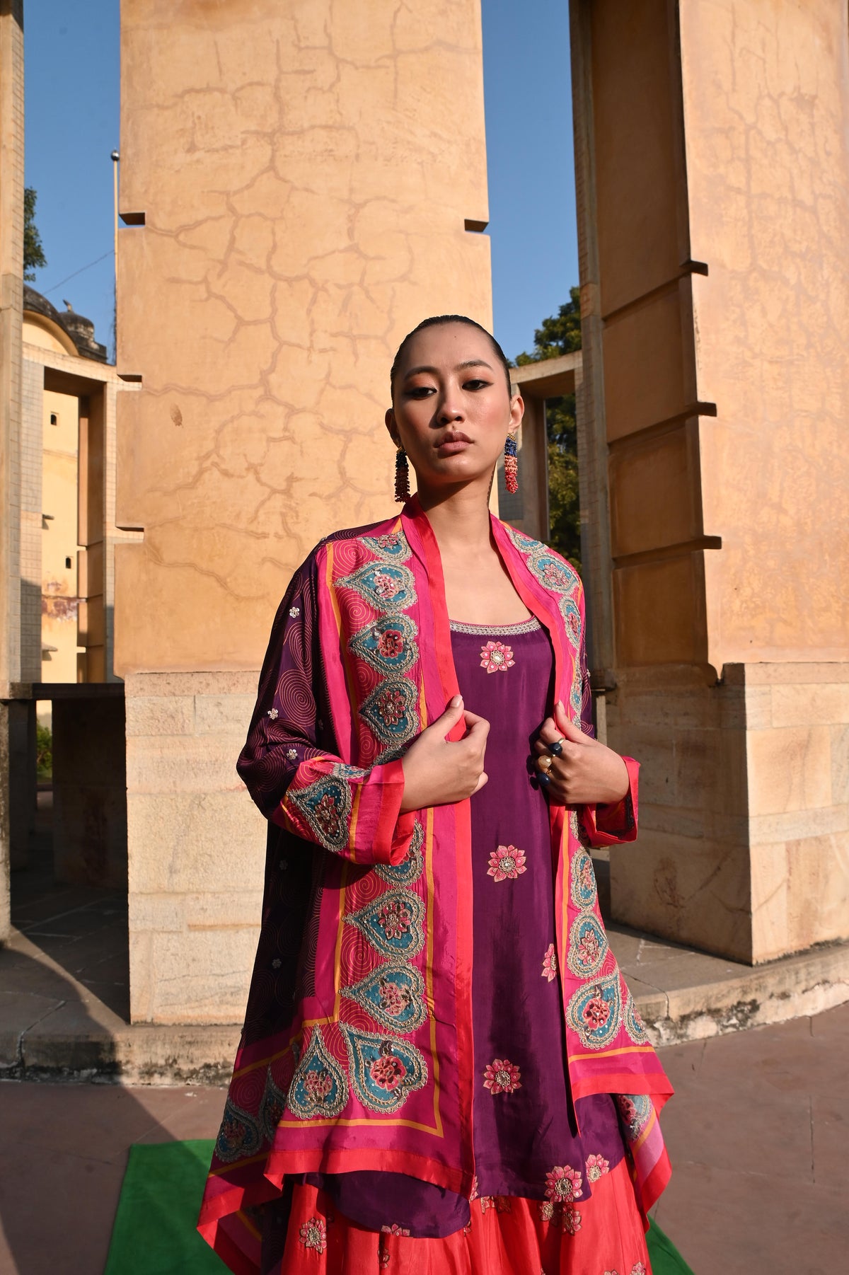 Purple & Red Printed Embroidered Chintz Sharara Set