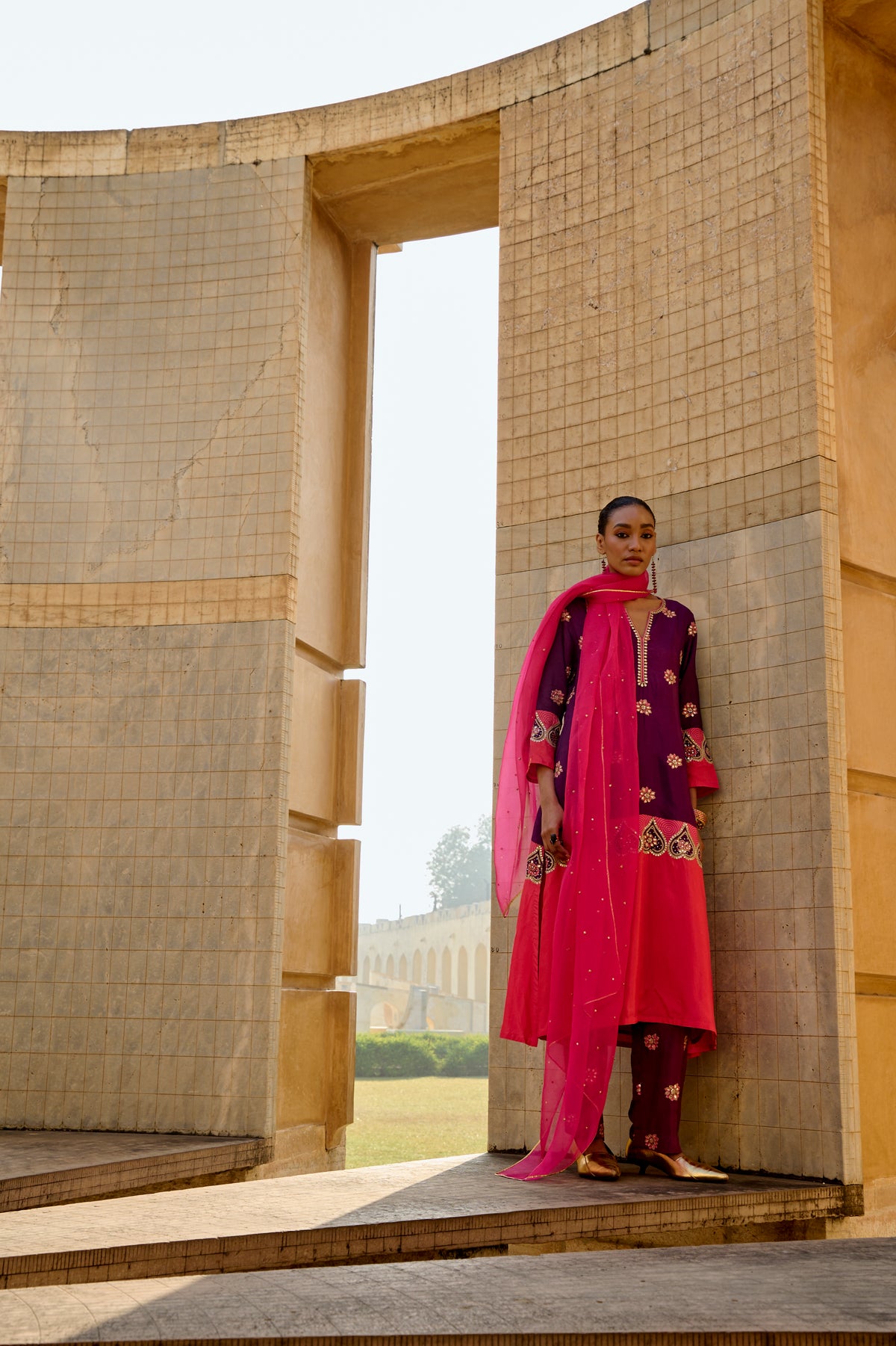 Purple & Red Printed Embroidered Chintz Kurta Set