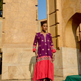 Purple & Red Printed Embroidered Chintz Kurta Set