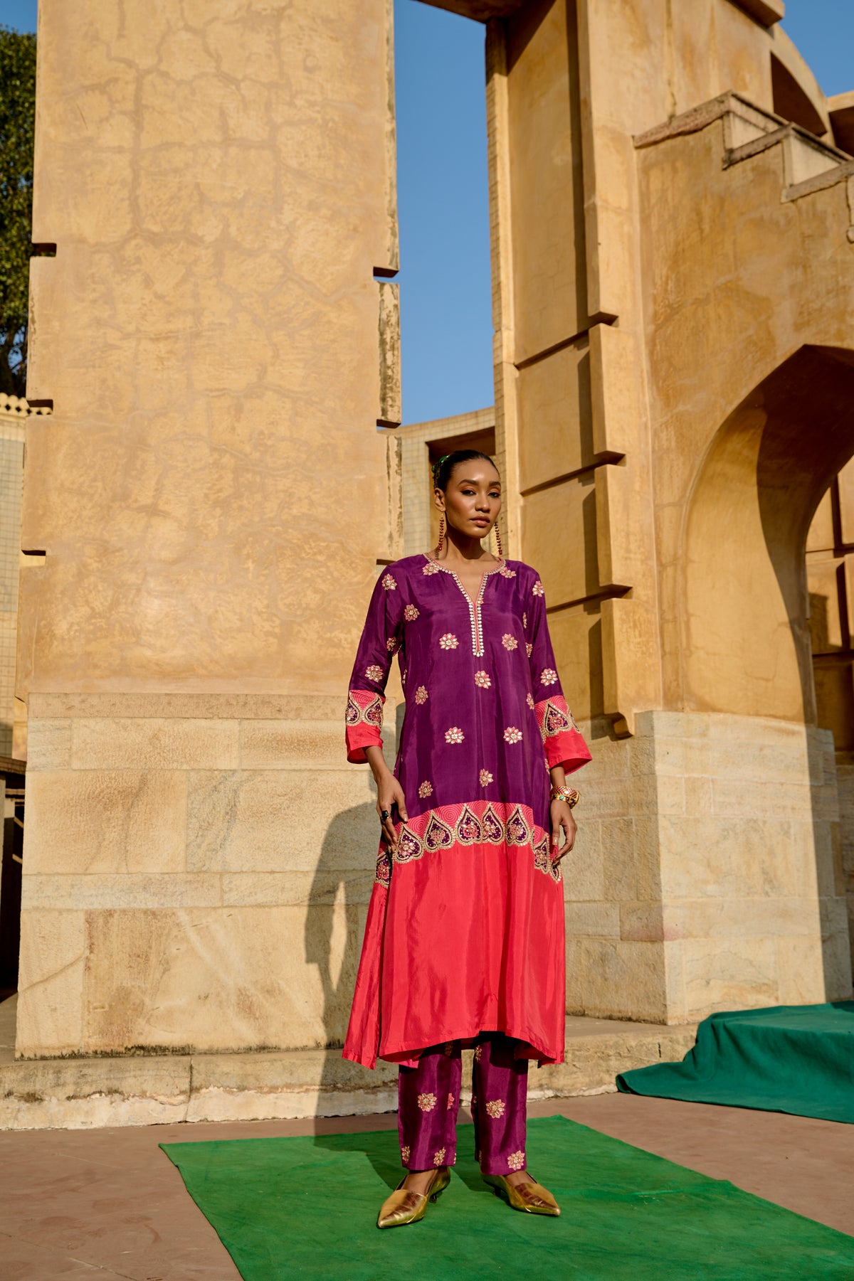 Purple & Red Printed Embroidered Chintz Kurta Set