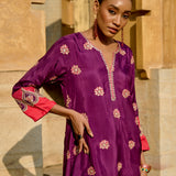 Purple & Red Printed Embroidered Chintz Kurta Set