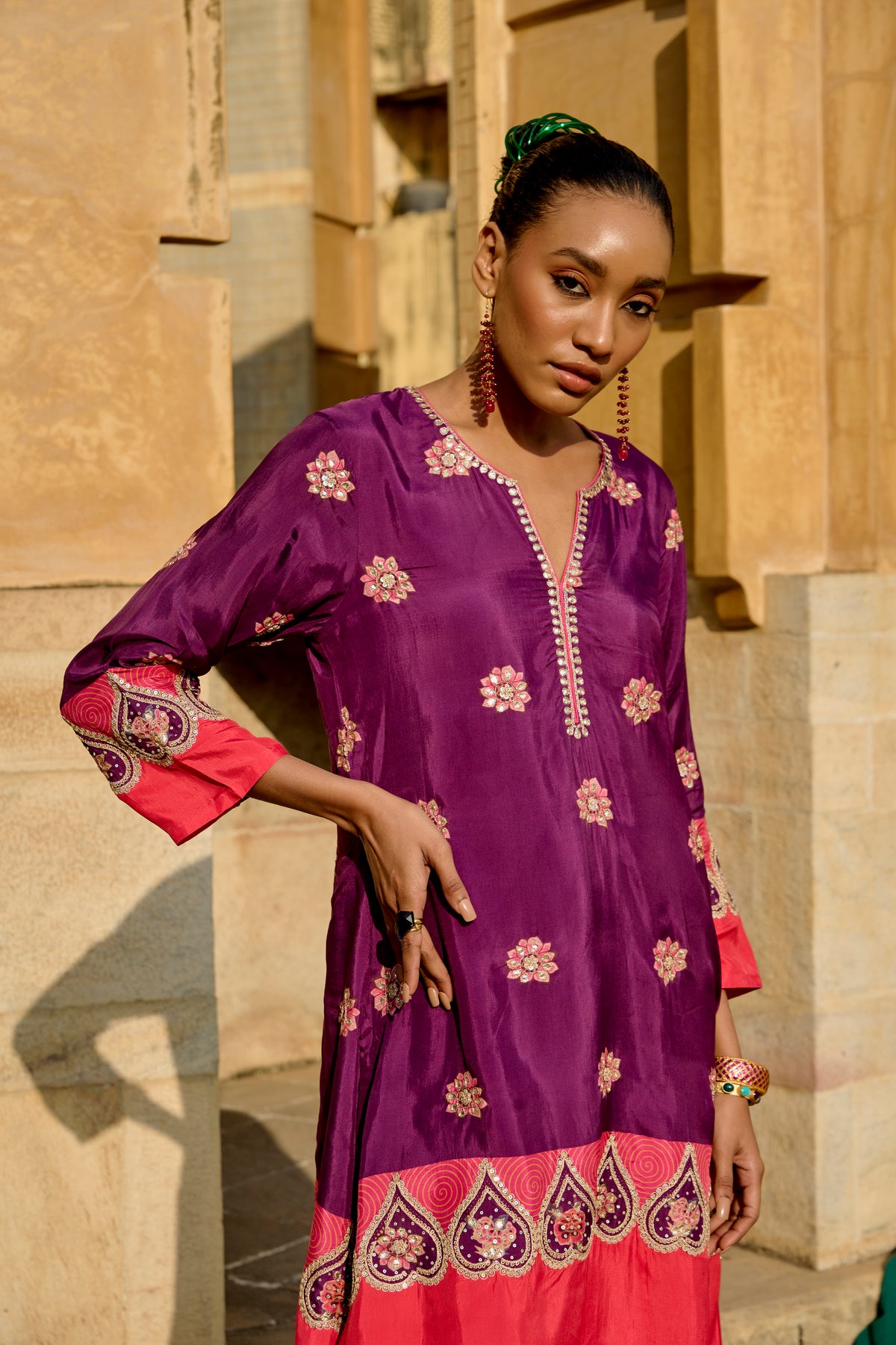 Purple & Red Printed Embroidered Chintz Kurta Set