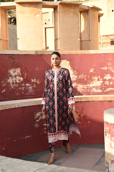 Charcoal Printed Embroidered Chintz Gauri Kurta set