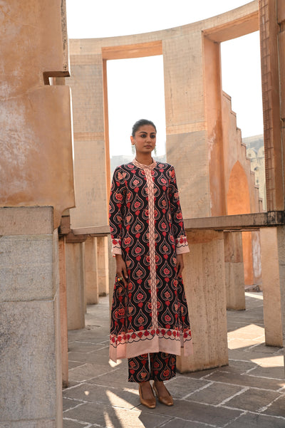 Charcoal Printed Embroidered Chintz Gauri Kurta set