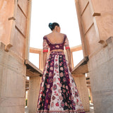 Printed Embroidered Color Blocked Chintz Plum Lehenga Set