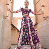 Printed Embroidered Color Blocked Chintz Plum Lehenga Set