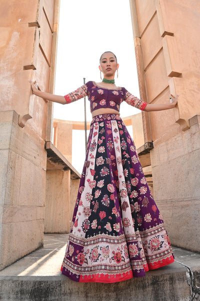 Printed Embroidered Color Blocked Chintz Plum Lehenga Set