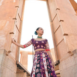 Printed Embroidered Color Blocked Chintz Plum Lehenga Set