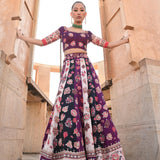 Printed Embroidered Color Blocked Chintz Plum Lehenga Set