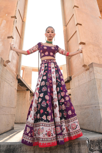Printed Embroidered Color Blocked Chintz Plum Lehenga Set