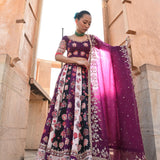Printed Embroidered Color Blocked Chintz Plum Lehenga Set