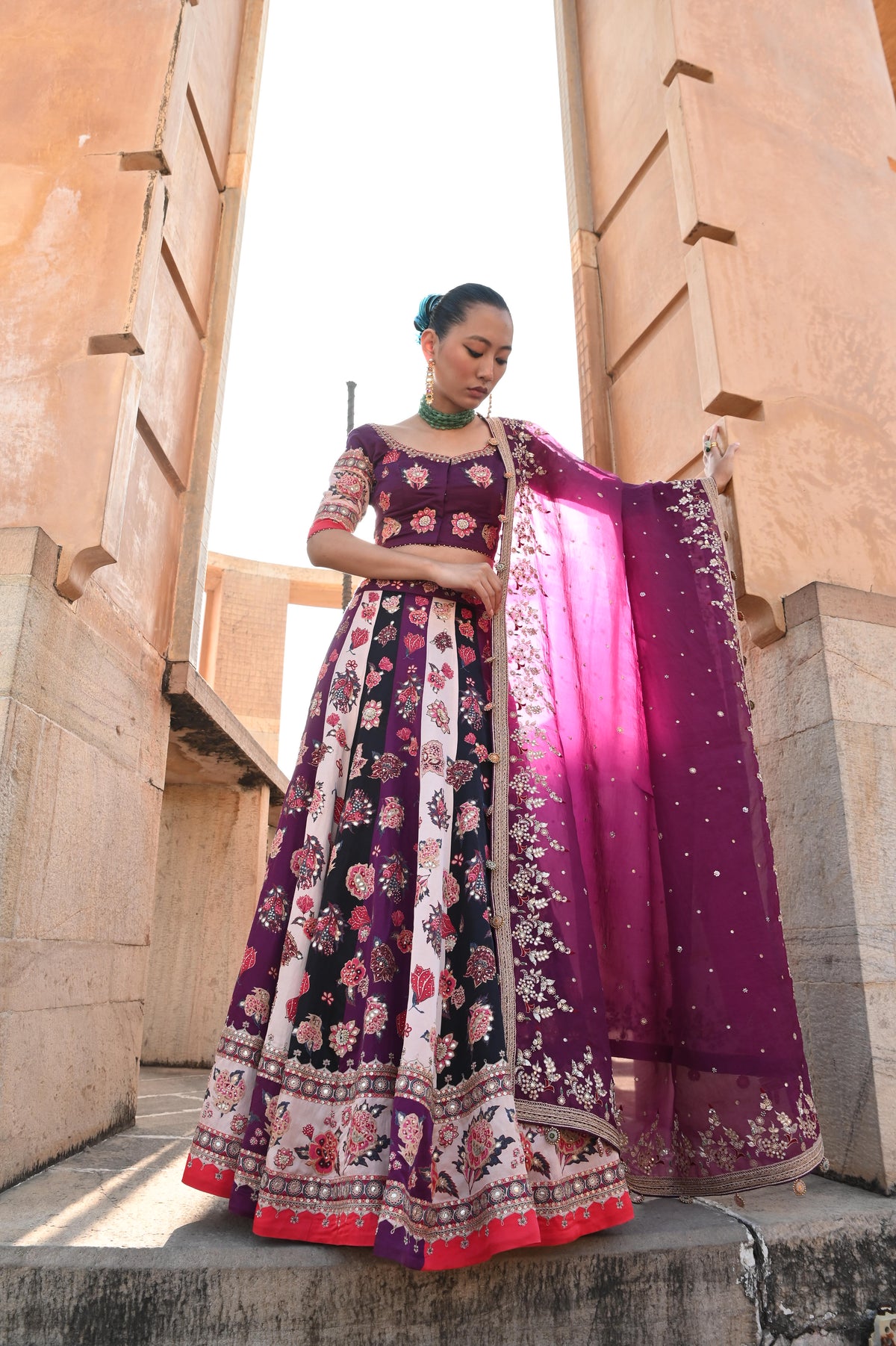 CHINTZ IVORY PURPLE LEHENGA