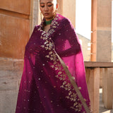 Printed Embroidered Color Blocked Chintz Plum Lehenga Set