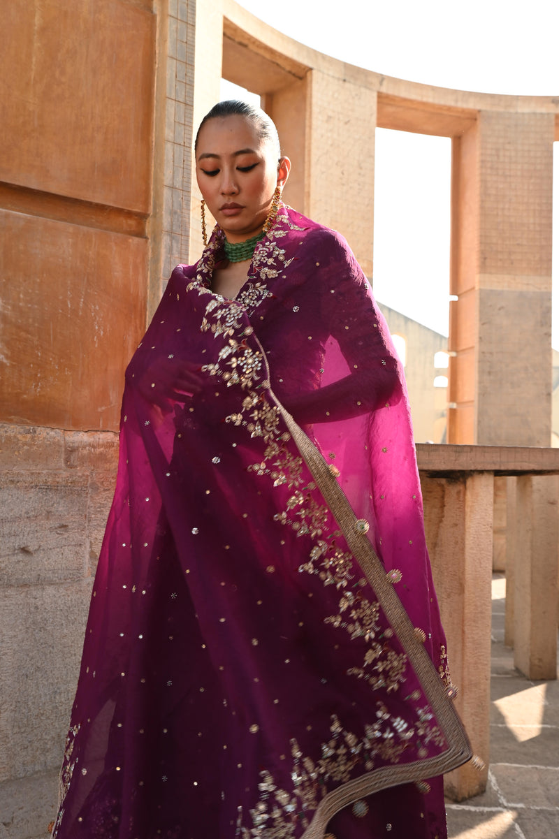 CHINTZ IVORY PURPLE LEHENGA
