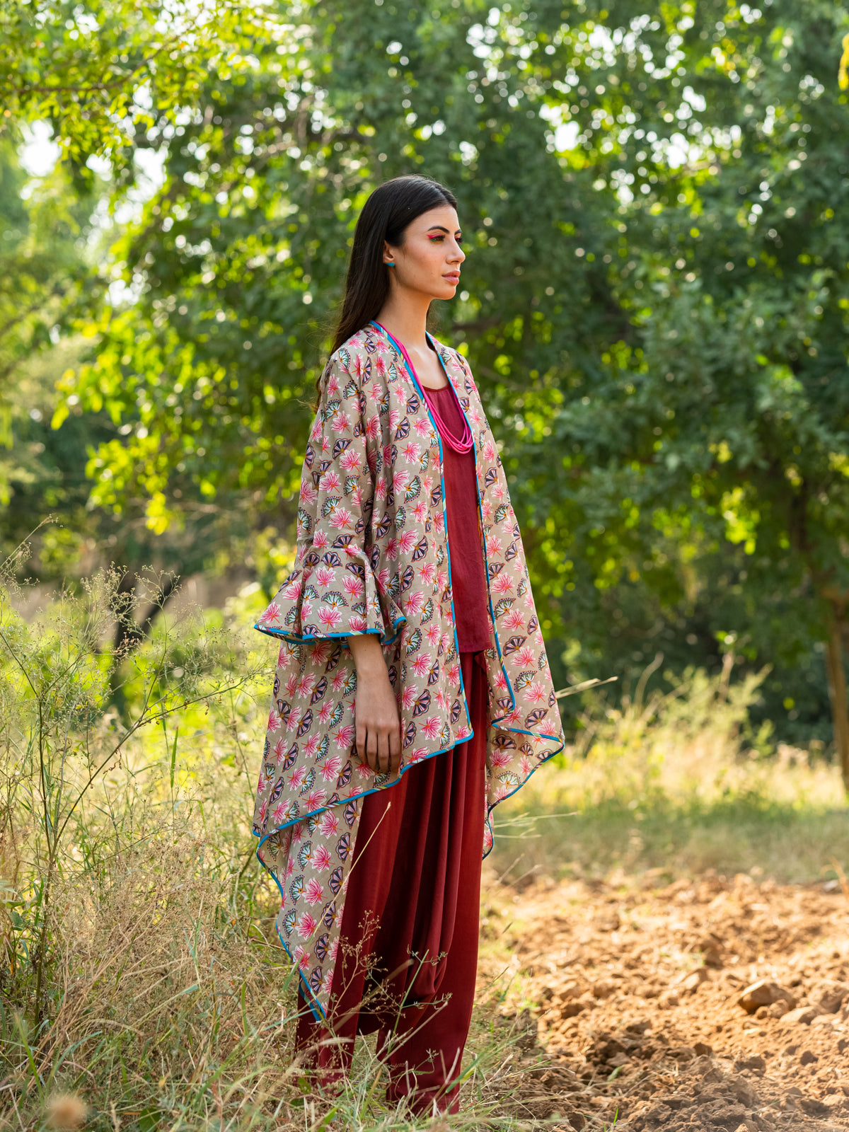 Printed Diagonal Beige Overlay Cape