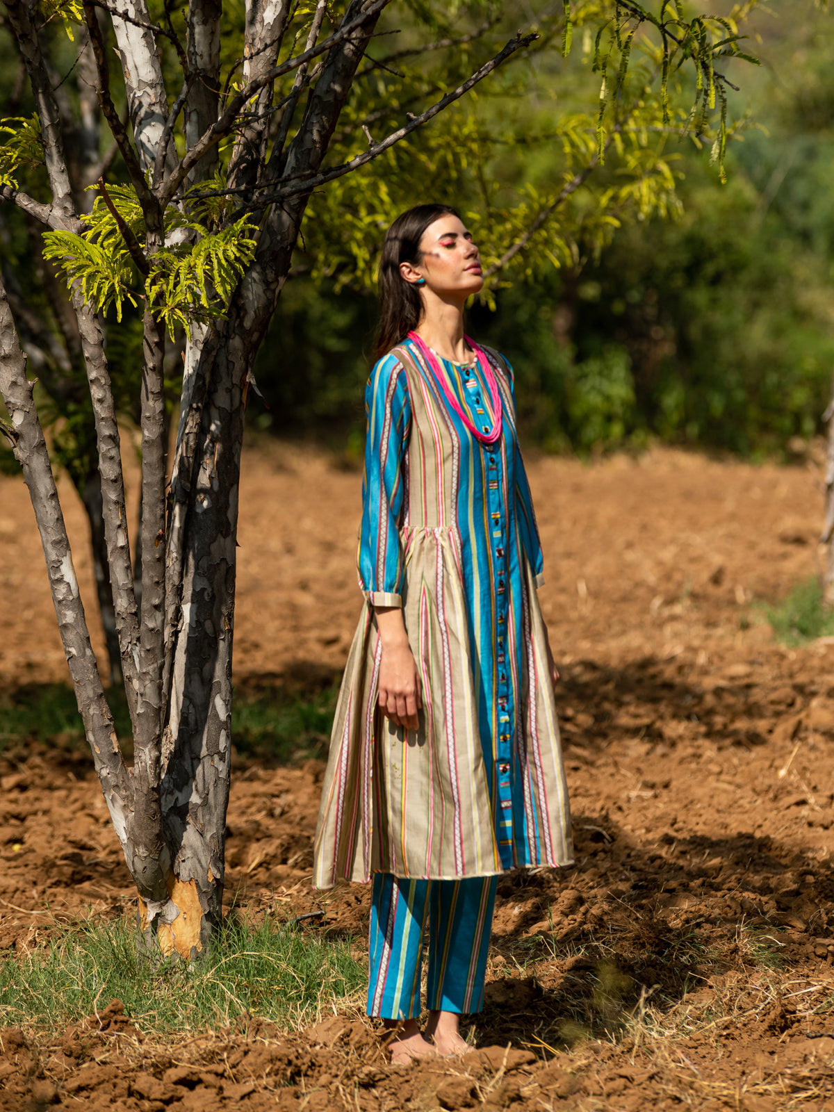 Striped Color Block Printed Turquoise Tunic