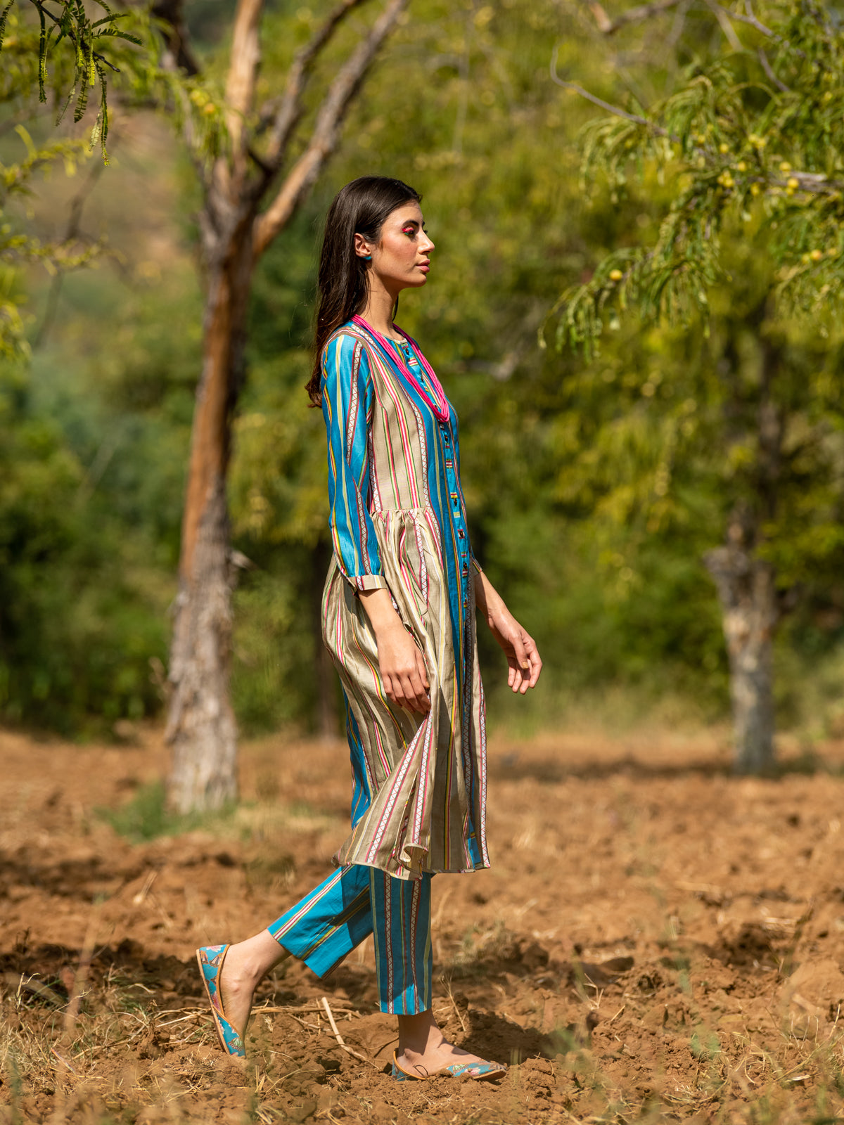 Striped Color Block Printed Turquoise Tunic