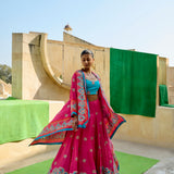 Fuschia & Red Printed Embroidered Chintz Lehenga Set
