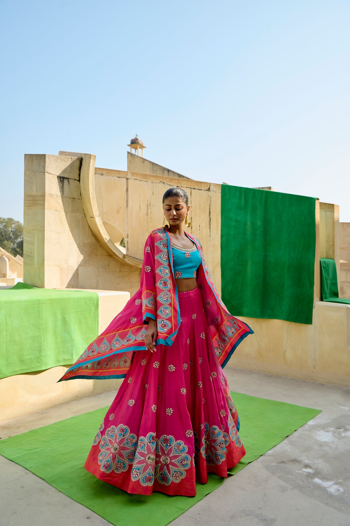 Fuschia & Red Printed Embroidered Chintz Lehenga Set