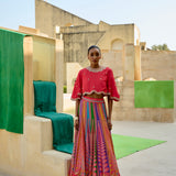 Peacock Multi colored Printed Embroidered Lehenga with Orange Crop Top
