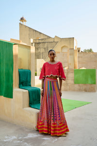 Peacock Multi colored Printed Embroidered Lehenga with Orange Crop Top