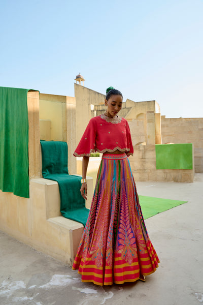Peacock Multi colored Printed Embroidered Lehenga with Orange Crop Top