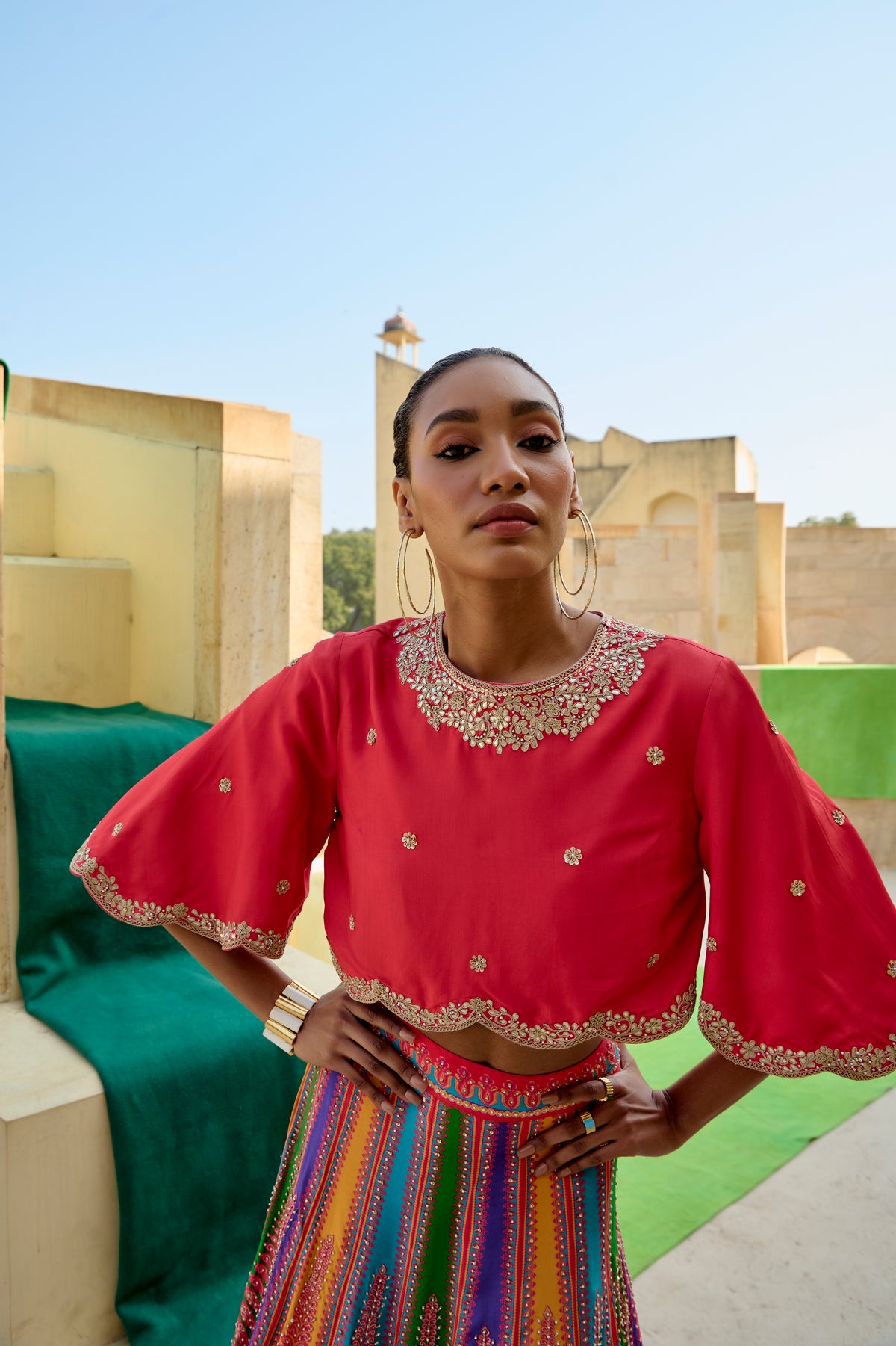 Peacock Multi Lehenga With Orange Top
