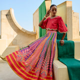 Peacock Multi colored Printed Embroidered Lehenga with Orange Crop Top