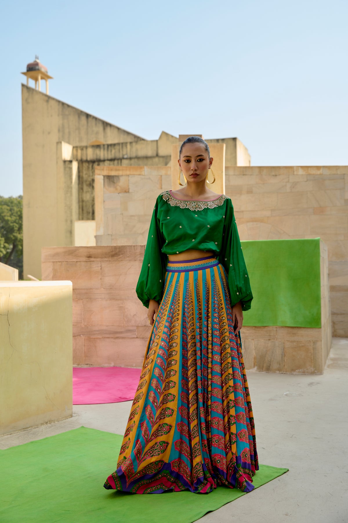 Peacock Lehenga With Emerald Green Top