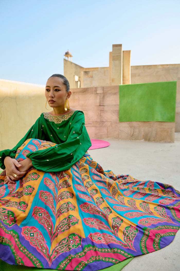 Peacock Lehenga With Emerald Green Top