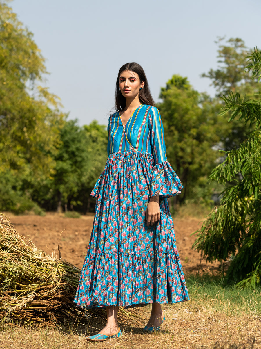 Print Block Turquoise Crushed Dress