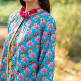 Diagonal Printed Turquoise Panelled Jacket With Yellow Dress