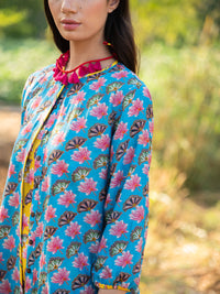 Diagonal Printed Turquoise Panelled Jacket With Yellow Dress