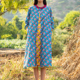Diagonal Printed Turquoise Panelled Jacket With Yellow Dress