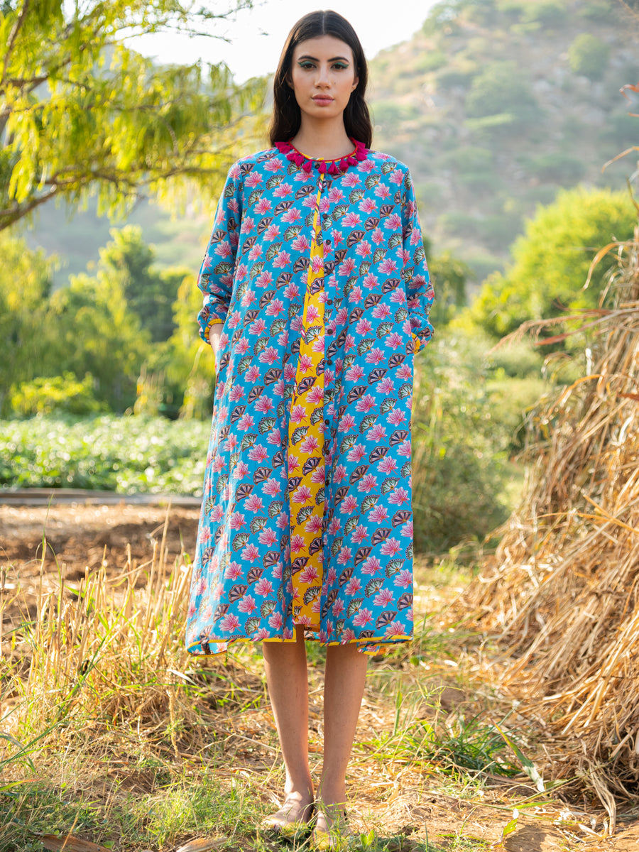 Diagonal Printed Turquoise Panelled Jacket With Yellow Dress