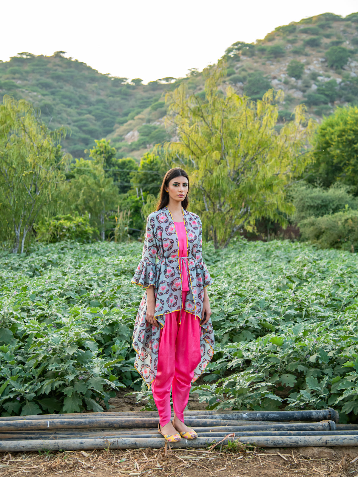 Printed Grey Buta Overlay Cape