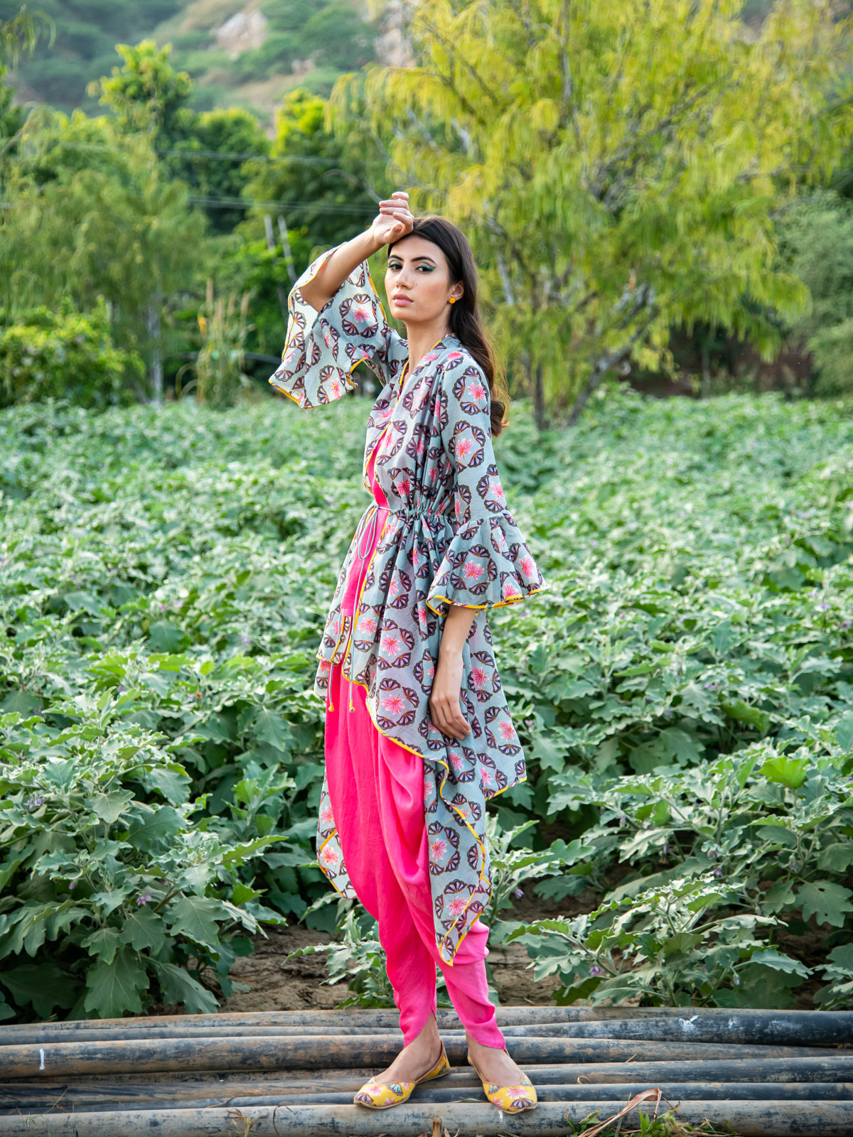 Printed Grey Buta Overlay Cape