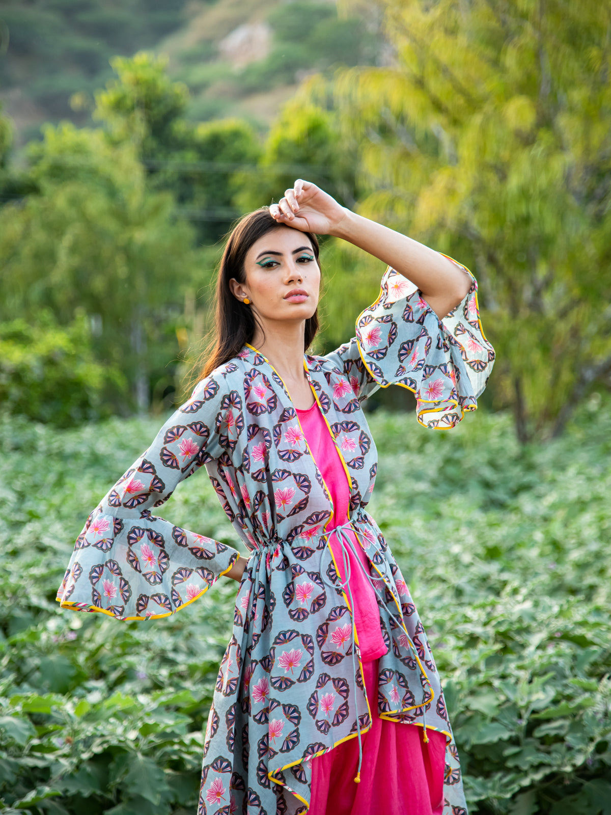 Printed Grey Buta Overlay Cape